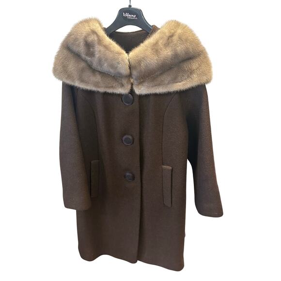 Sears Roebuck & Co Fashions Value Wool w Fur Collar Brown Vtg Union Made Luxury - Picture 1 of 12